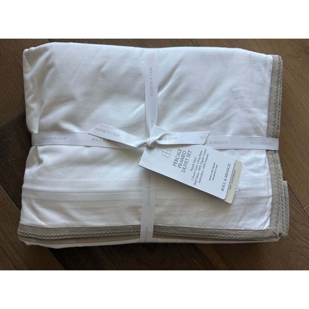New Boll & Branch Luxury Framed Percale King Duvet Set White & Oak